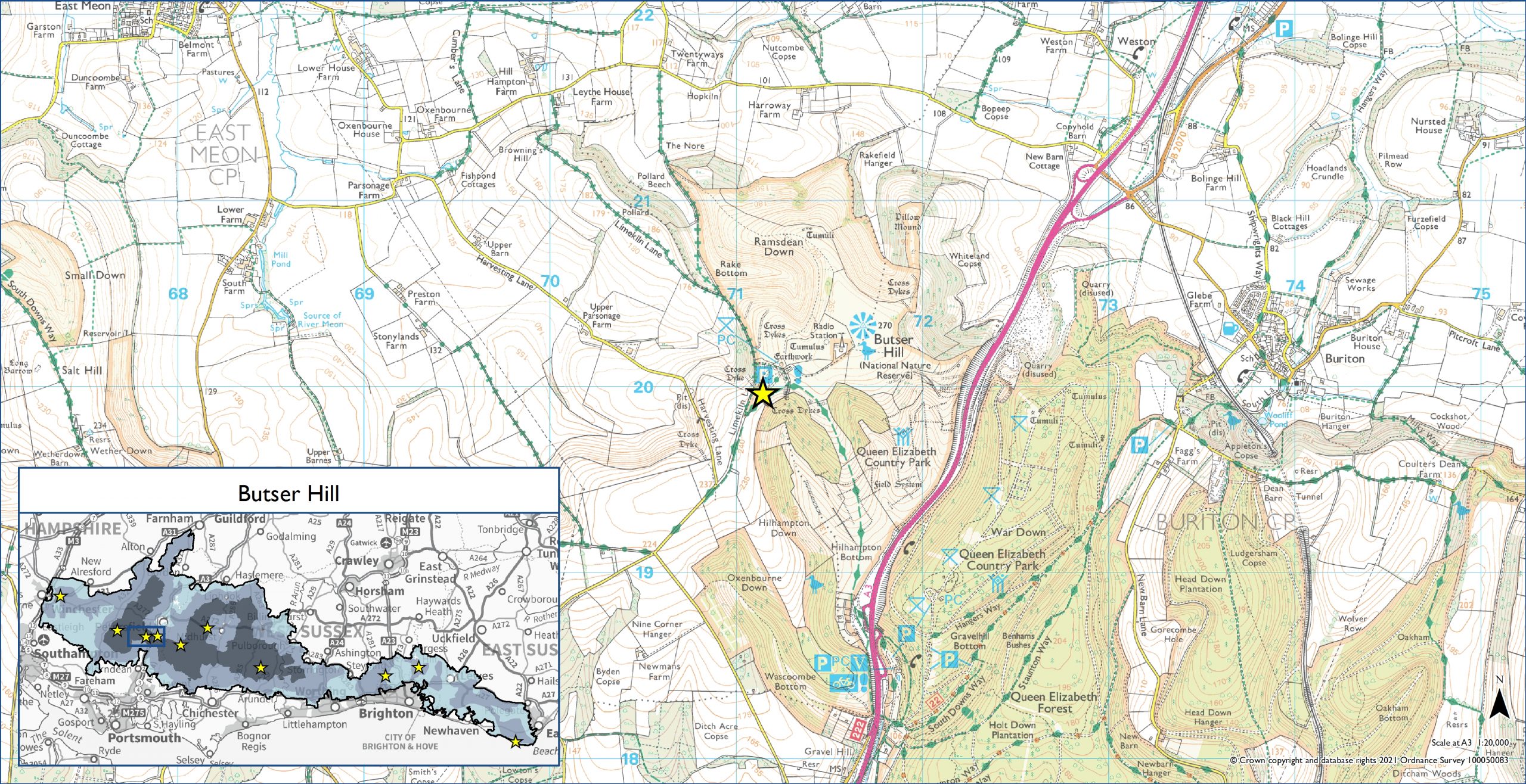 OS MAp showing the location of the Butser hill Dark Sky discovery site
