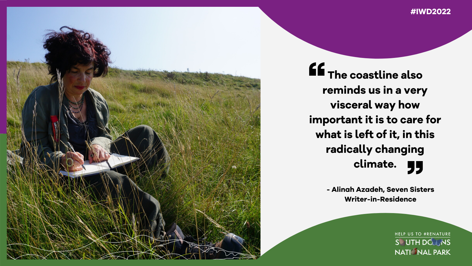 Quote graphic featuring Alinah Azadeh sitting on a grassy knoll at Seven Sisters Country Park. The text on the graphic is featured in the article.