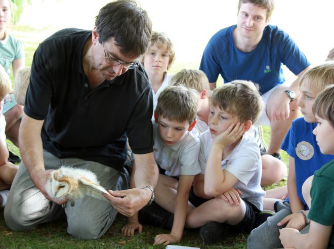 image of children looking at a barn owl while its being ringed by a specially trained officer