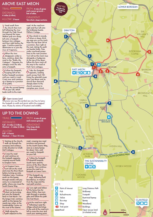 Map showing two East Meon walks with directions