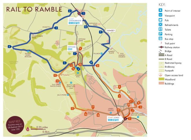 Map showing the two rail to ramble circular walking routes. One from Cooksbridge Railway Station and one from Lewes Railway Station