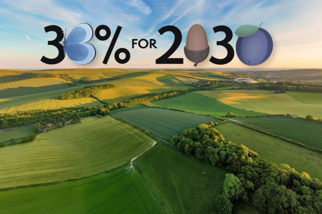 An aerial shot of farmland in the South Downs with a graphic saying '33% for 2030' placed at the top to illustrate the South Downs National Park's ambition to see 33% of land managed for nature by 2030
