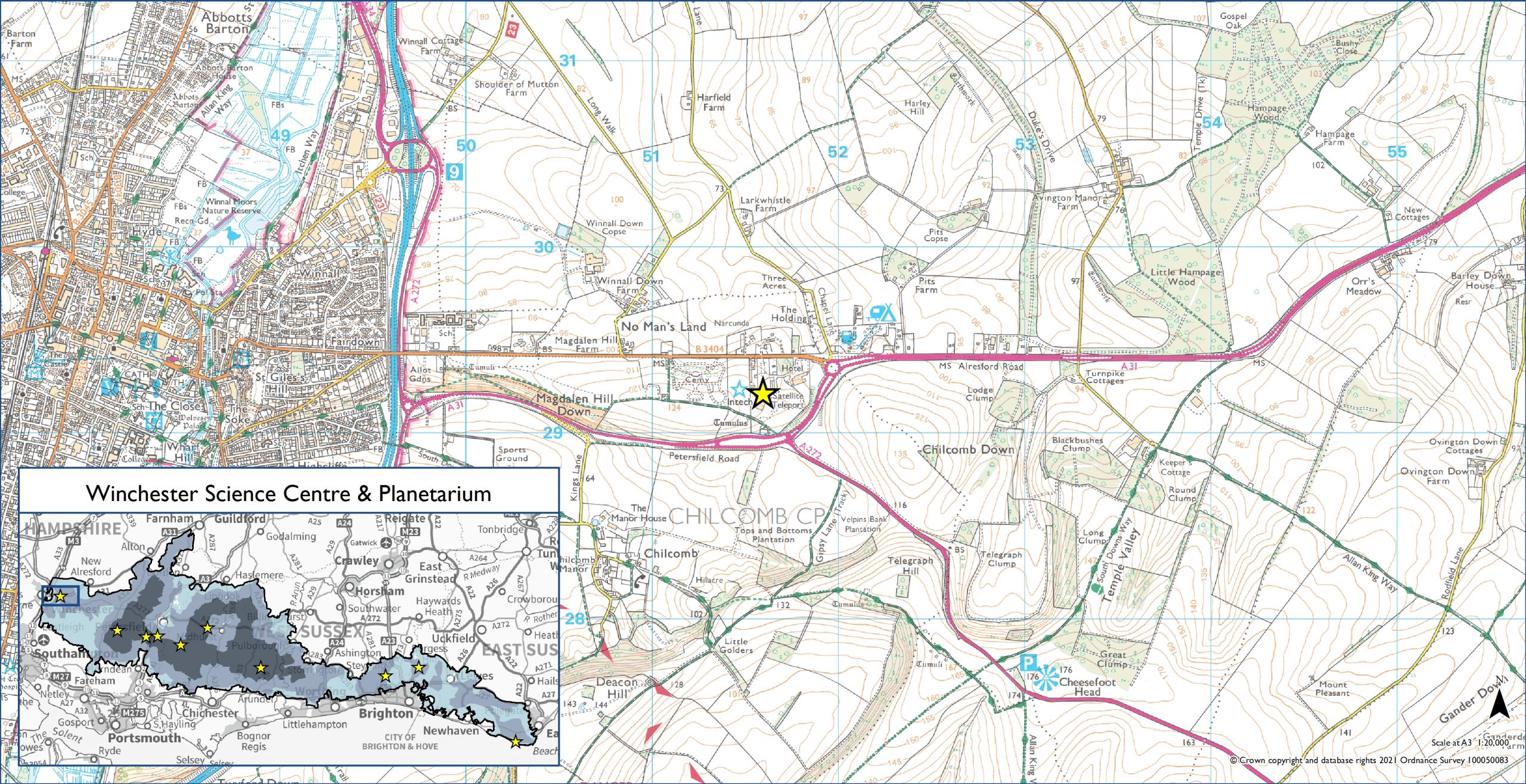 OS Map showing location of Winchester Science Centre Dark Sky Discovery Site