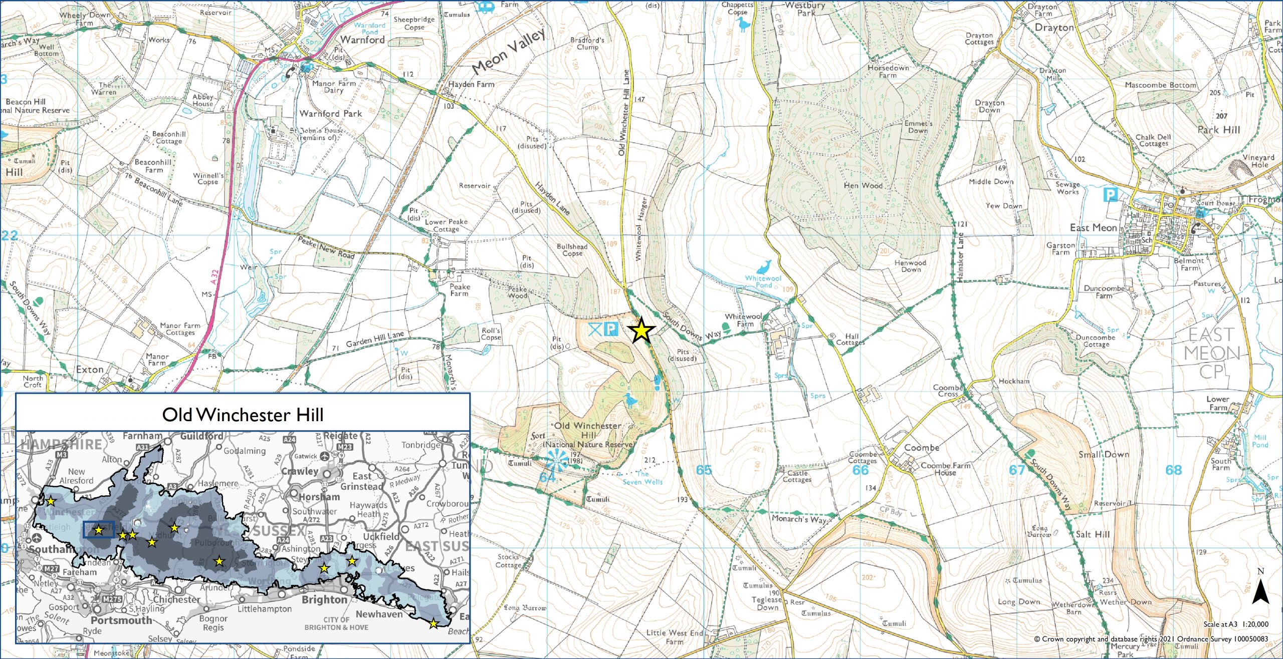 OS map showing location of Old Winchester Hill Dark Sky Discovery site