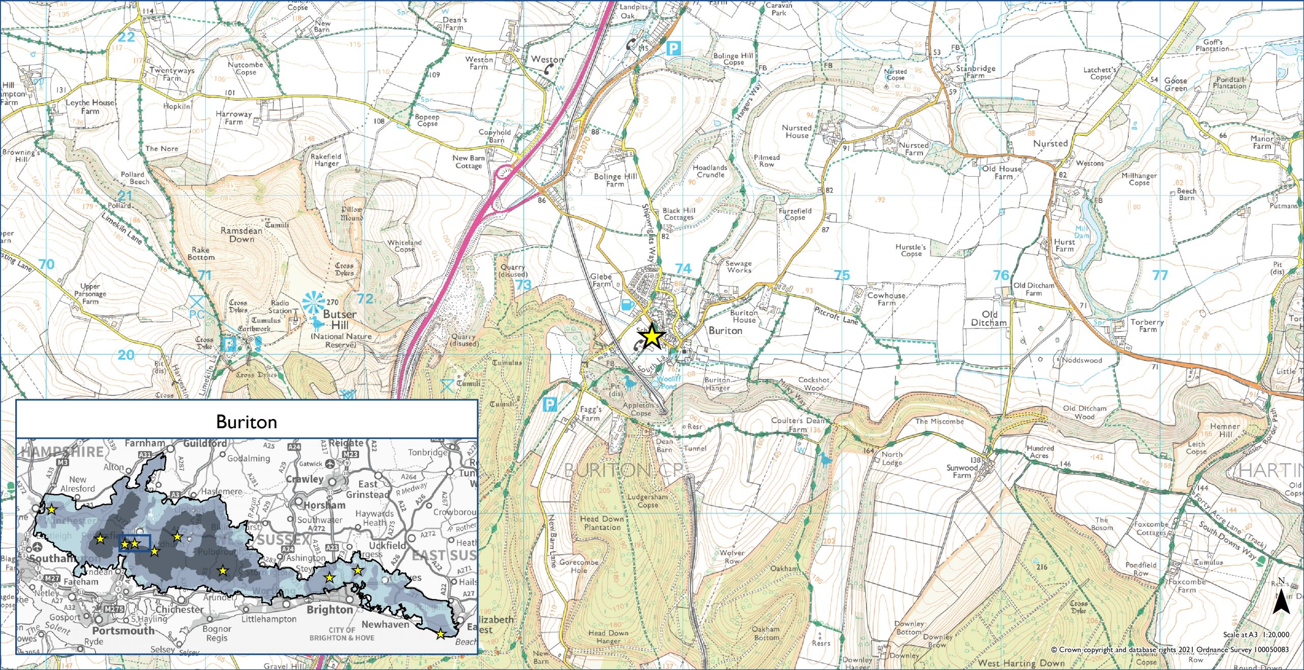 OS Map showing location of Buriton Dark Sky Discovery site