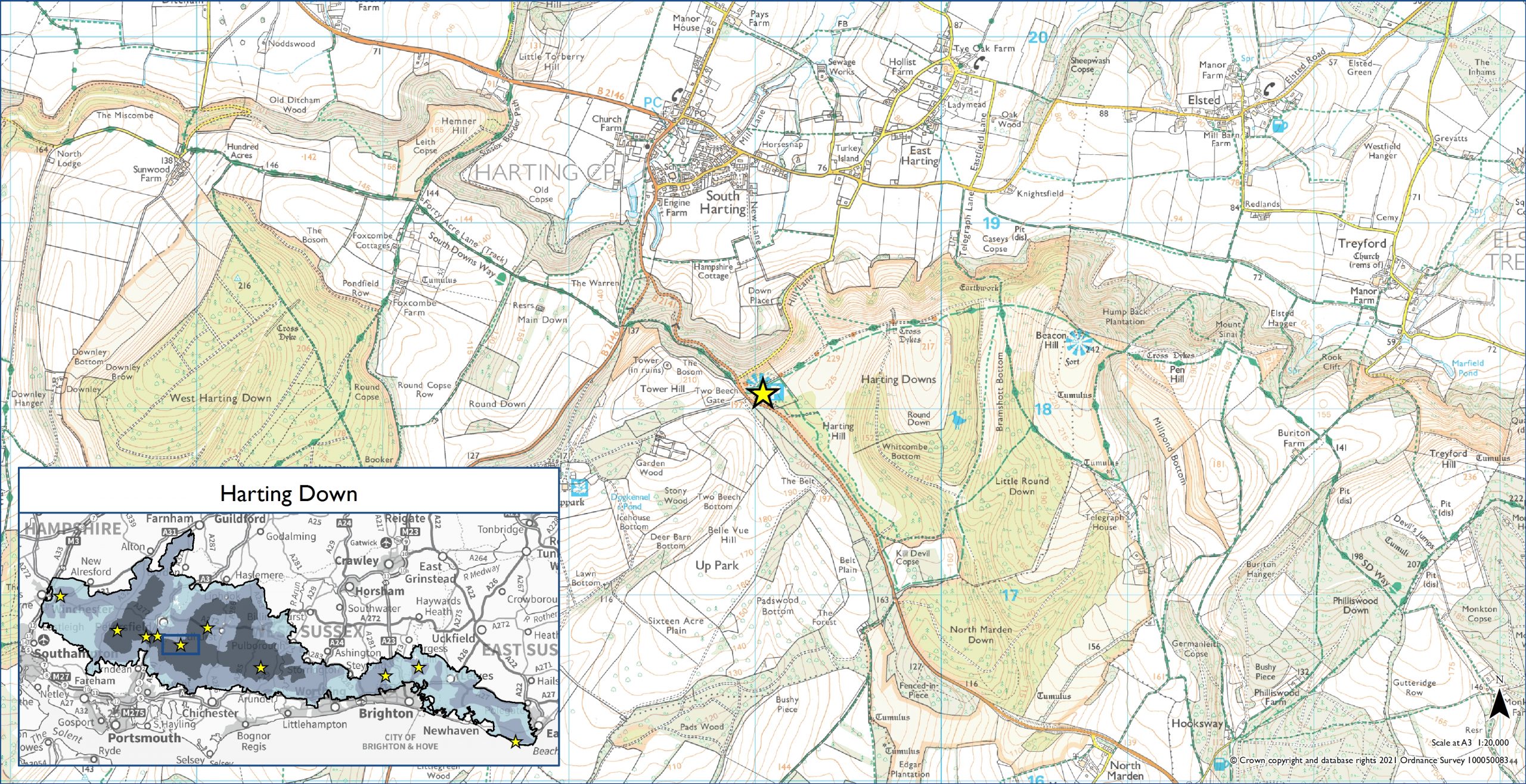 OS Map showing the location of Harting Down Dark Sky Discovery Site