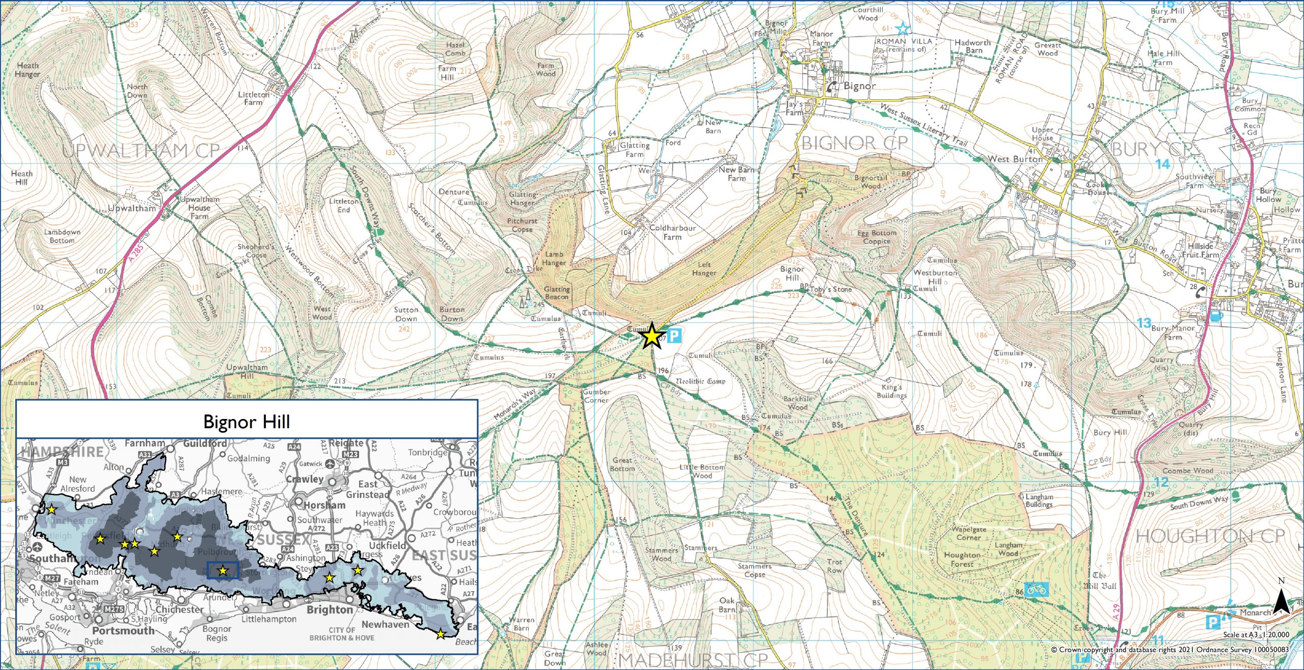 OS Map showing the location of Bignor Hill Dark Sky Discovery Site
