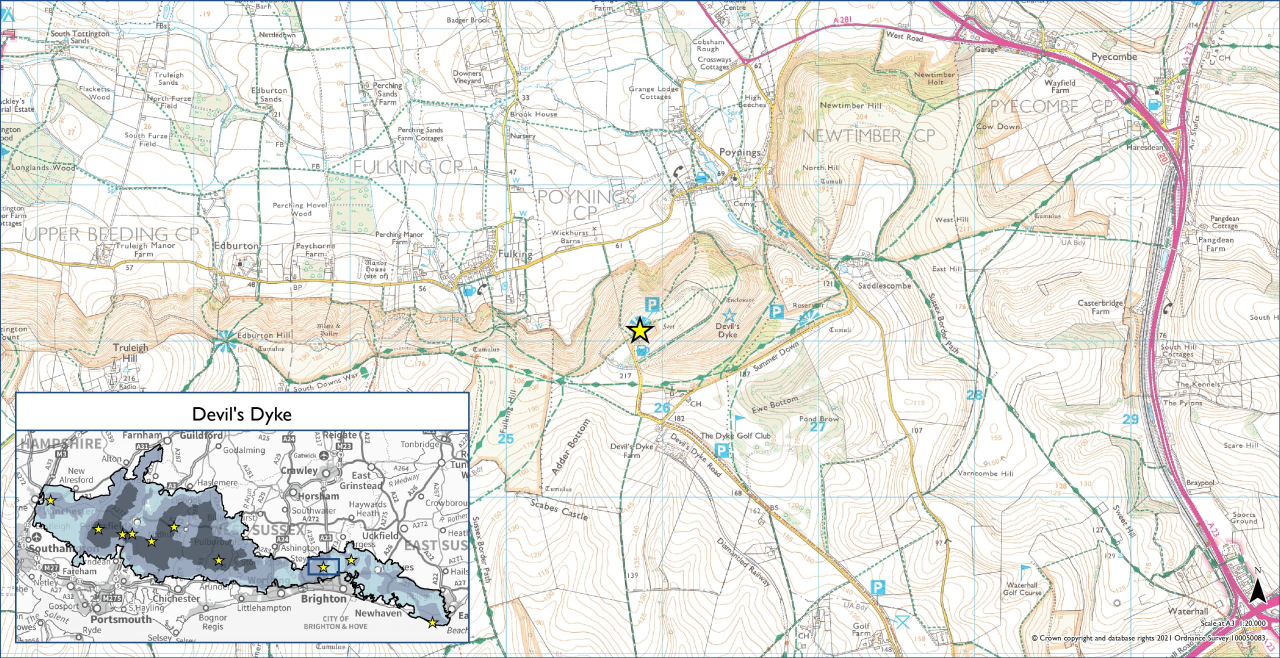 OS map showing Devil's Dyke Dark Sky Discovery site location