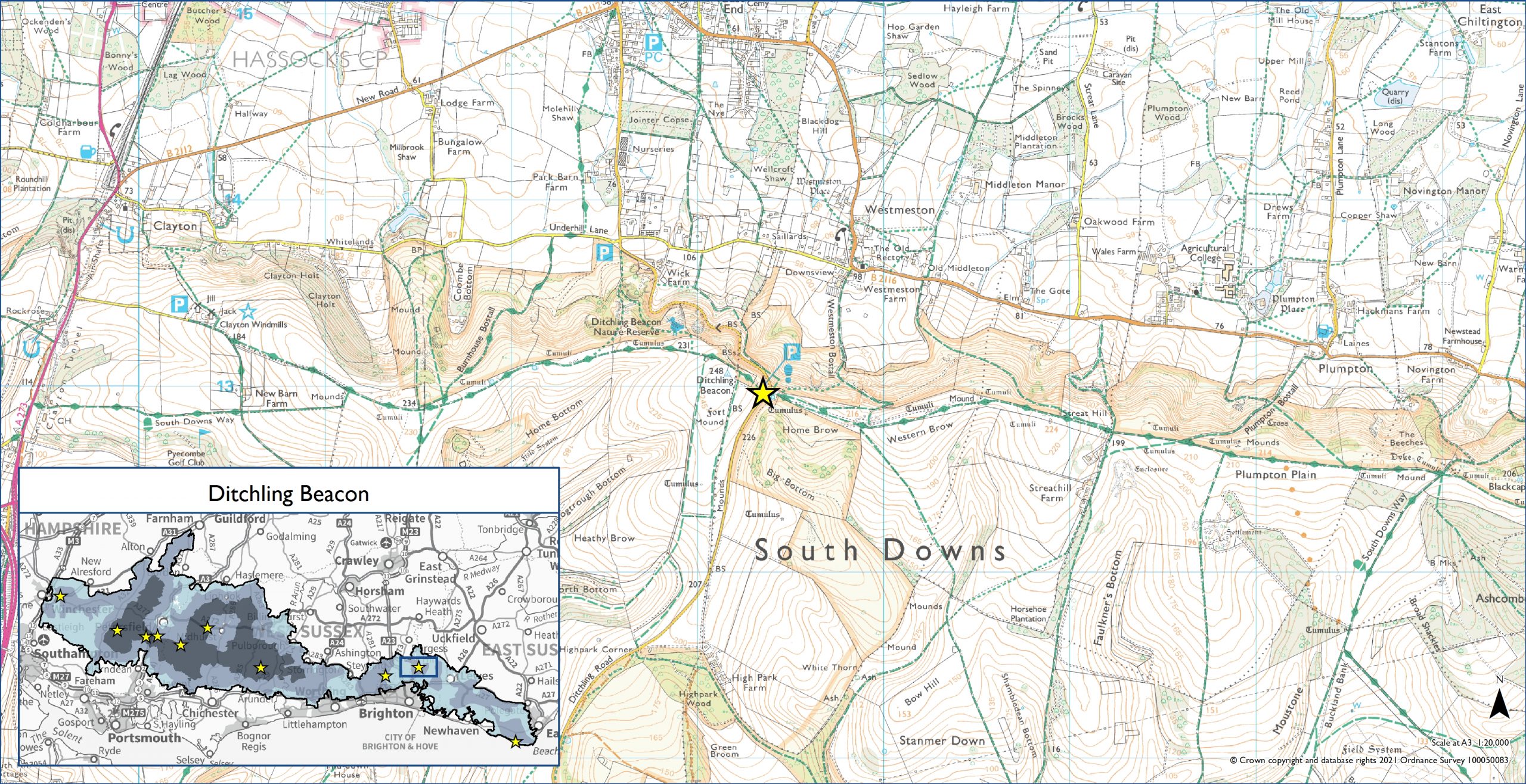 OS map showing location of Ditchling Beacon Dark Skies Discovery Site