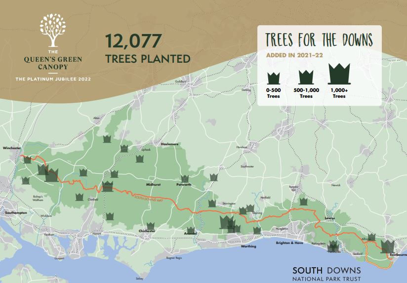 Map showing where trees have been planted in South Downs National Park for Queen's Green Canopy