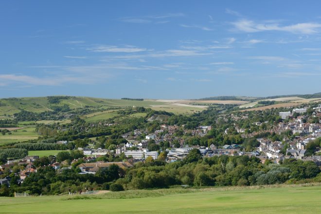 The town of Lewes as seen from the rolling hills of the South Downs
