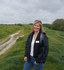 Woman called Claire Kerr standing in field at Landport Bottom